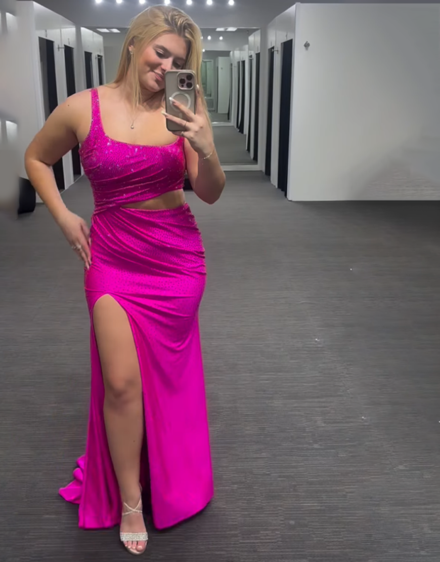Sparkly Fuchsia Beaded Cut Out Mermaid Long Prom Dress with Slit