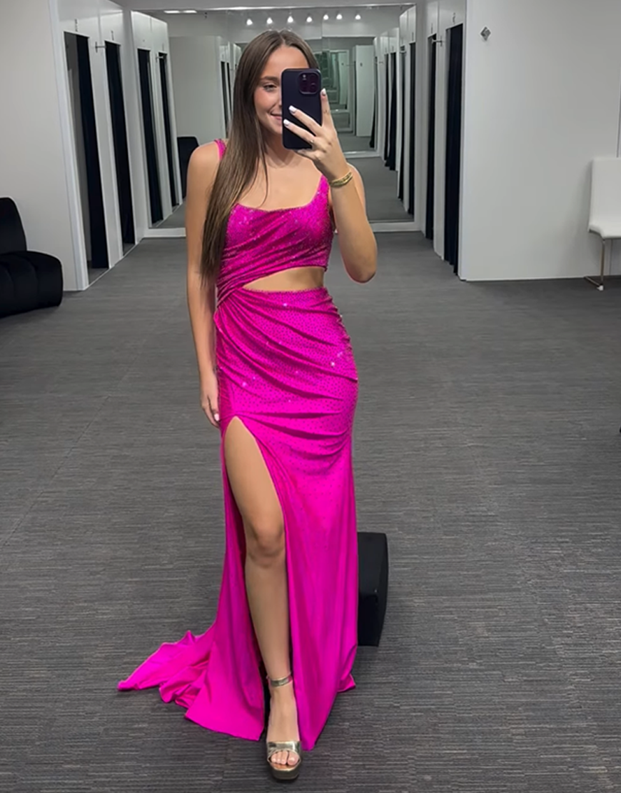 Sparkly Fuchsia Beaded Cut Out Mermaid Long Prom Dress with Slit
