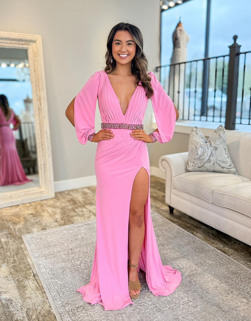Sparkly Pink Deep V-Neck Beaded Mermaid Long Prom Dress with Slit