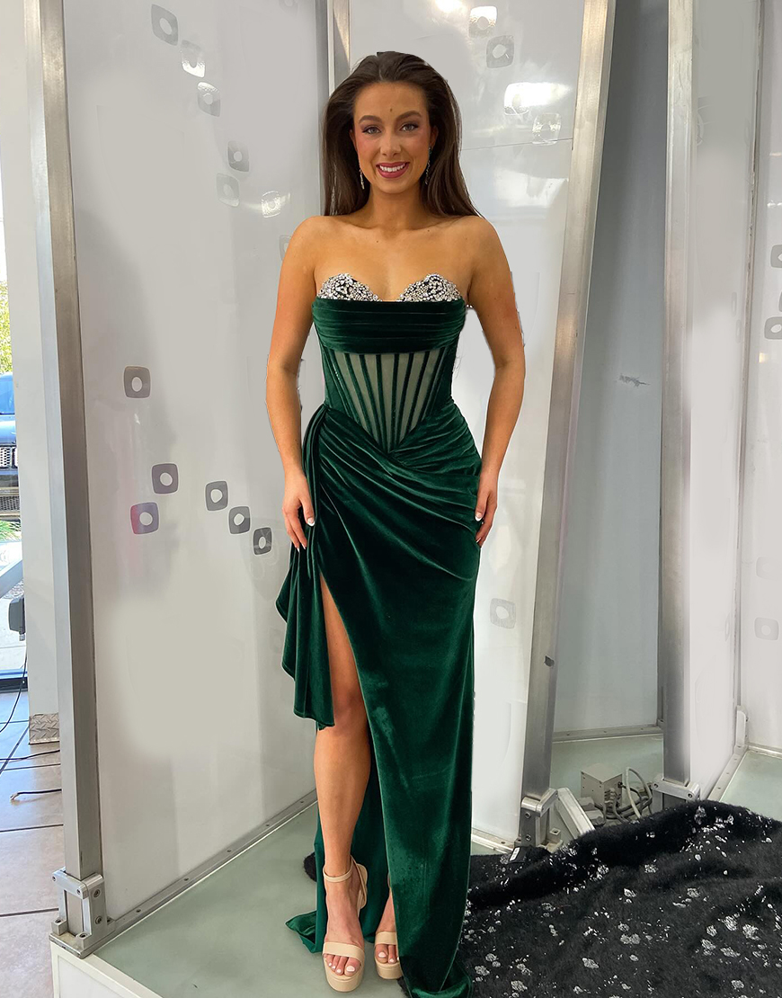 Sparkly Dark Green Velvet Corset Sweetheart Long Prom Dress with Slit