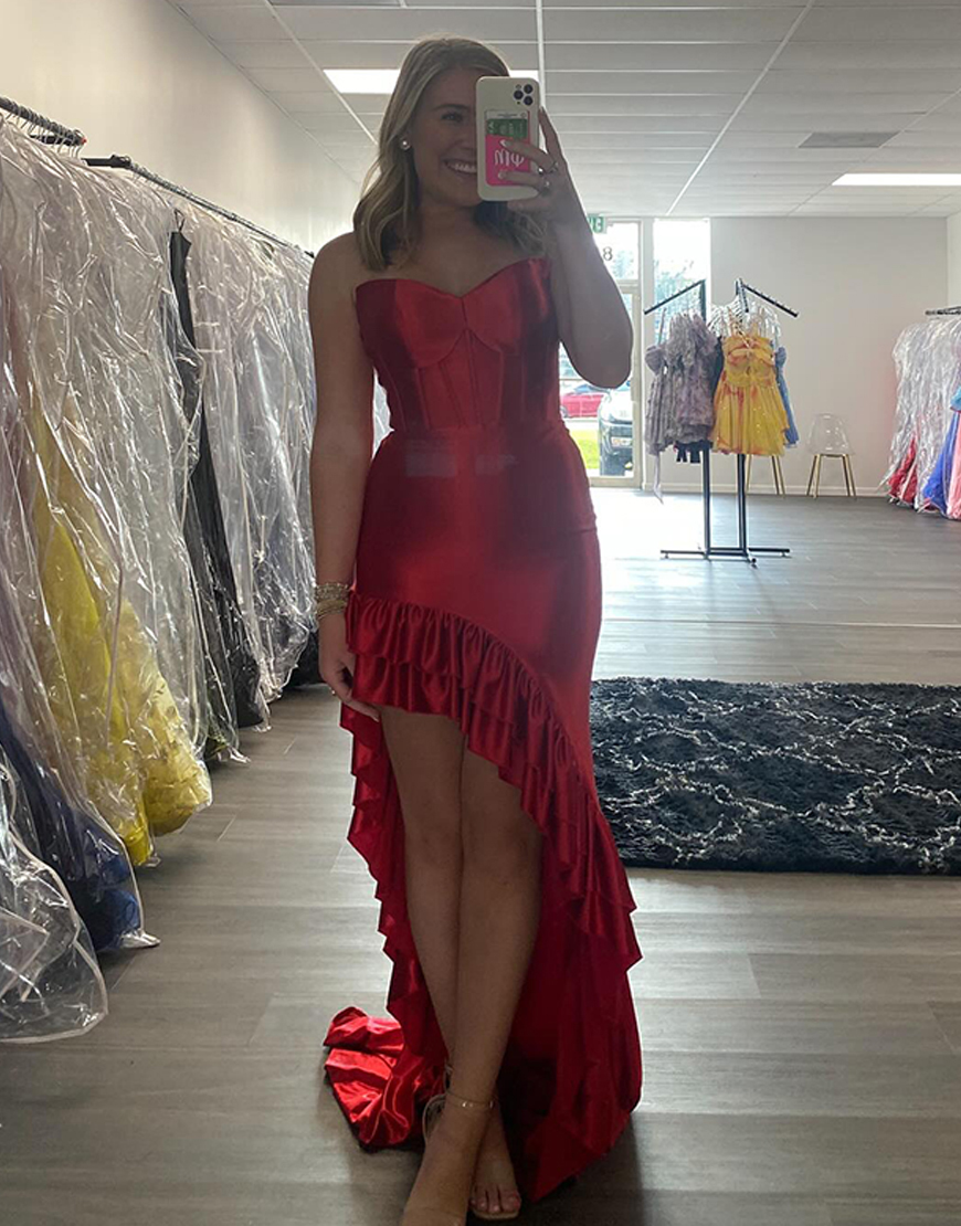 Red Corset Satin Mermaid High-Low Prom Dress with Ruffles