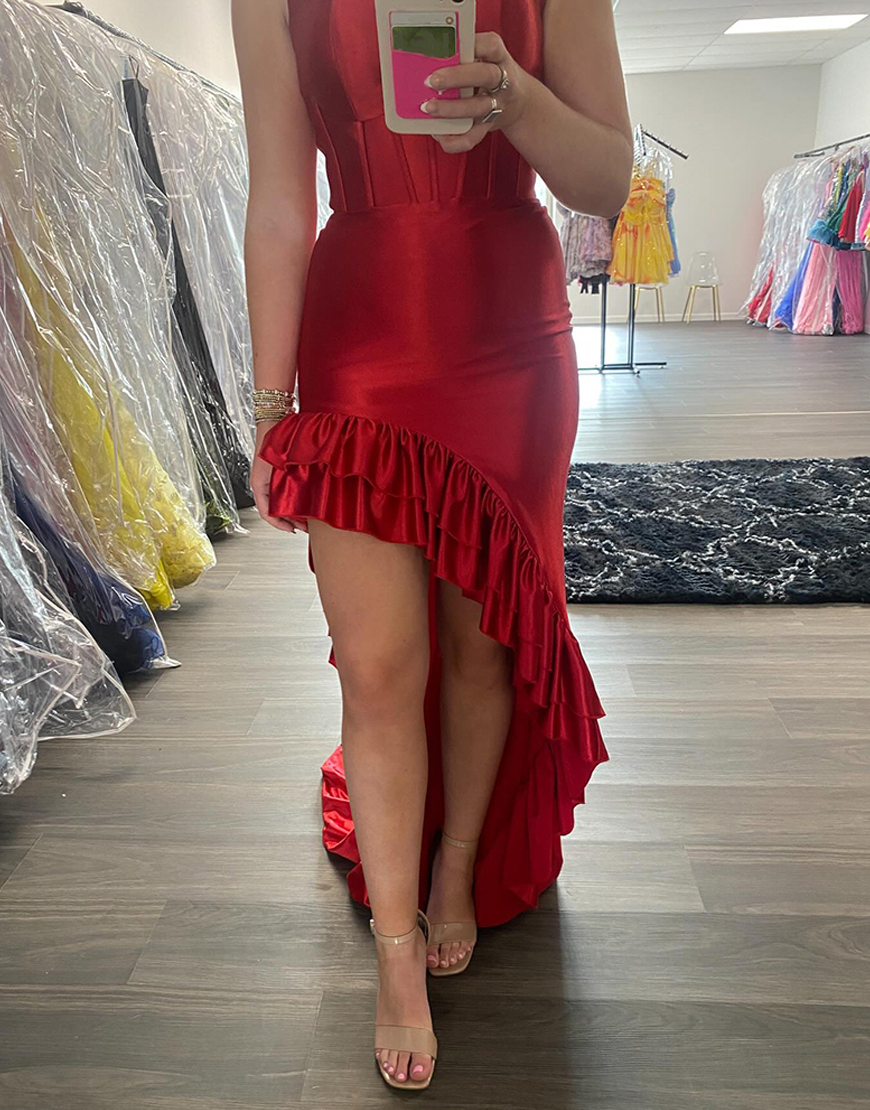 Red Corset Satin Mermaid High-Low Prom Dress with Ruffles