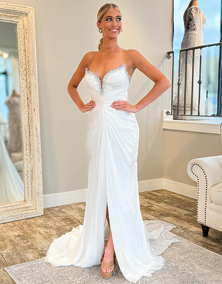 Sparkly White Beaded Ruched Mermaid Long Prom Dress with Slit