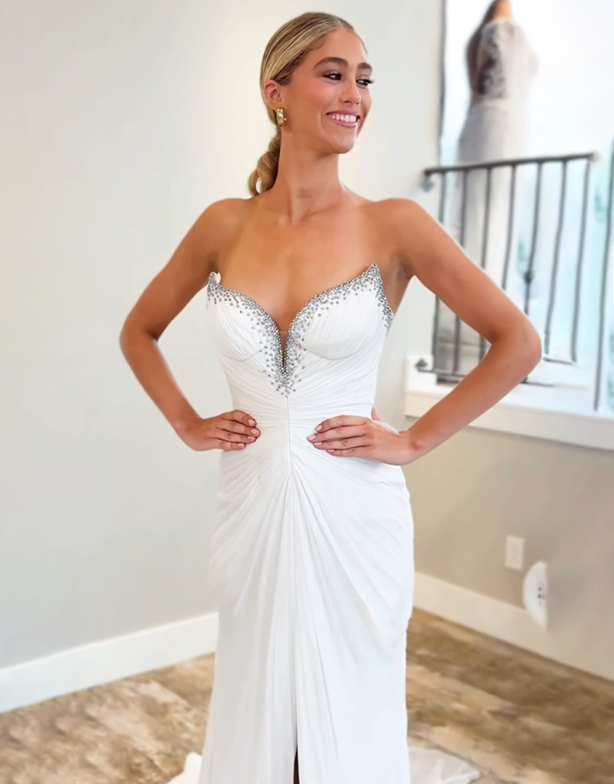 Sparkly White Beaded Ruched Mermaid Long Prom Dress with Slit