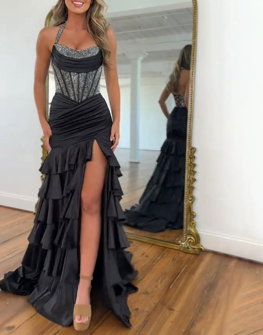 Sparkly Black Corset Ruffled Ruched Long Satin Prom Dress with Slit