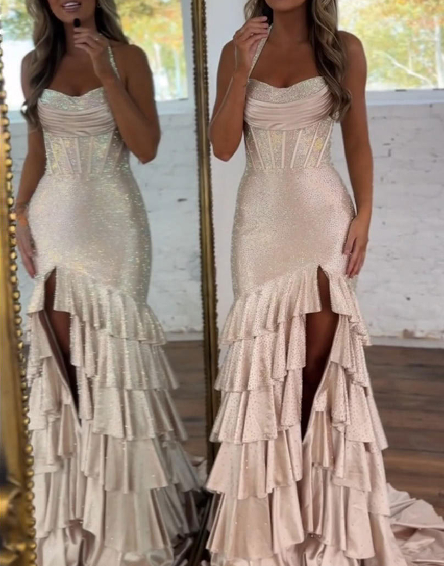 Berlinnova Women Sparkly Champagne Corset Beaded Long Prom Dress with Slit Mermaid Satin Ruffled Tiered Halter Lace Up Back Pageant Dress