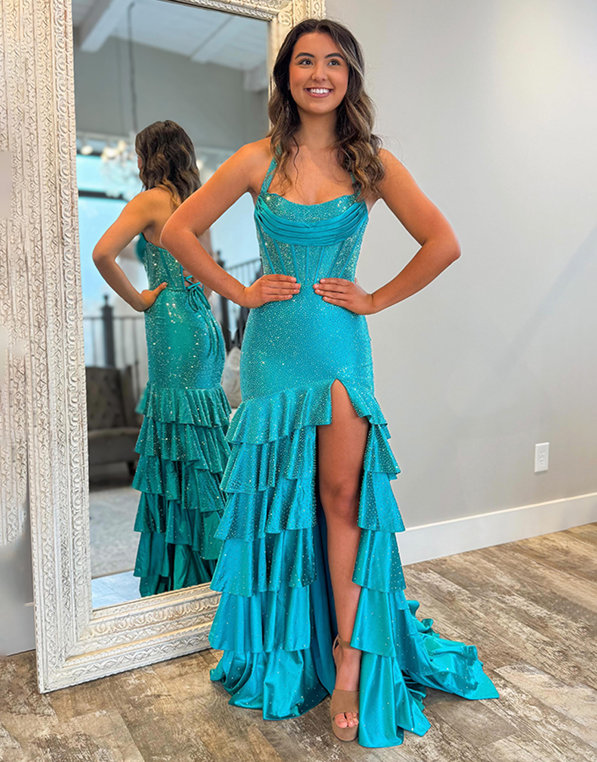 Berlinnova Women Sparkly Peacock Green Corset Beaded Long Prom Dress with Slit Mermaid Satin Ruffled Tiered Halter Lace Up Back Pageant Dress