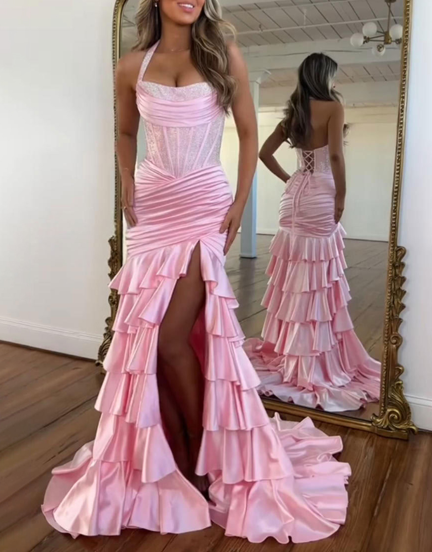 Sparkly Black Corset Ruffled Ruched Long Satin Prom Dress with Slit