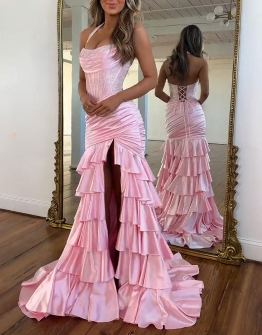 Sparkly Black Corset Ruffled Ruched Long Satin Prom Dress with Slit