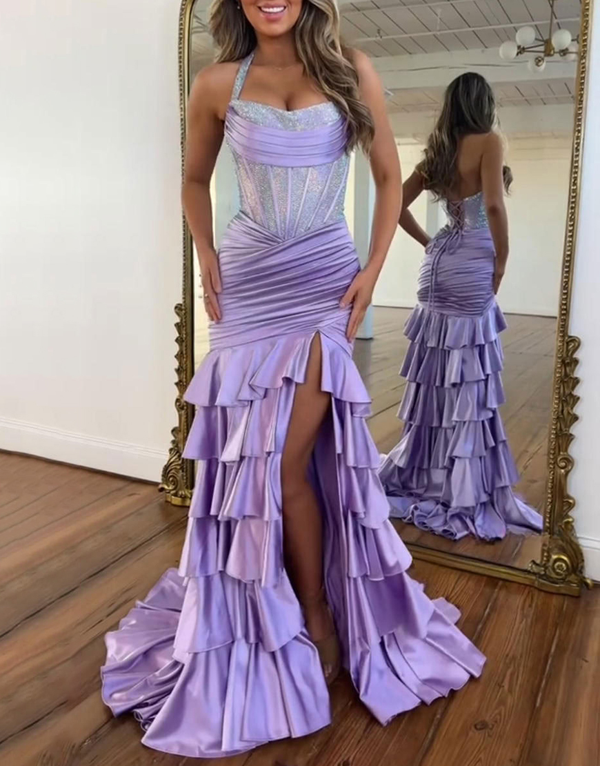 Sparkly Black Corset Ruffled Ruched Long Satin Prom Dress with Slit