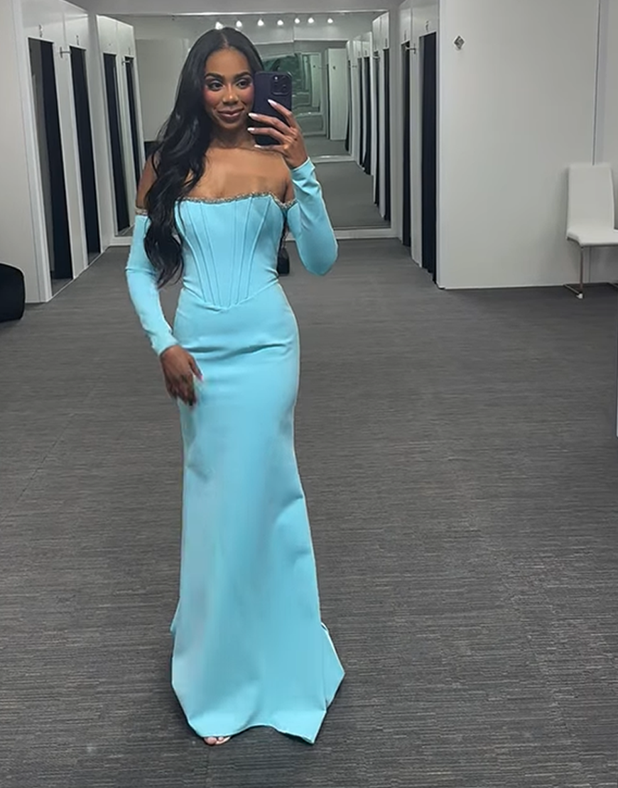 Sparkly Light Blue Corset Mermaid Satin Long Prom Dress with Sleeves