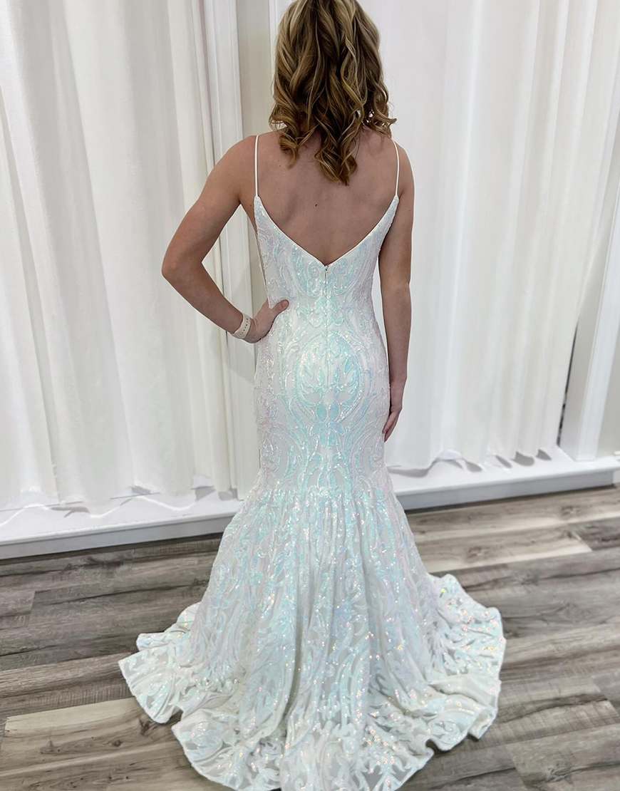 Sparkly White Mermaid Sequined V-Neck Long Prom Dress