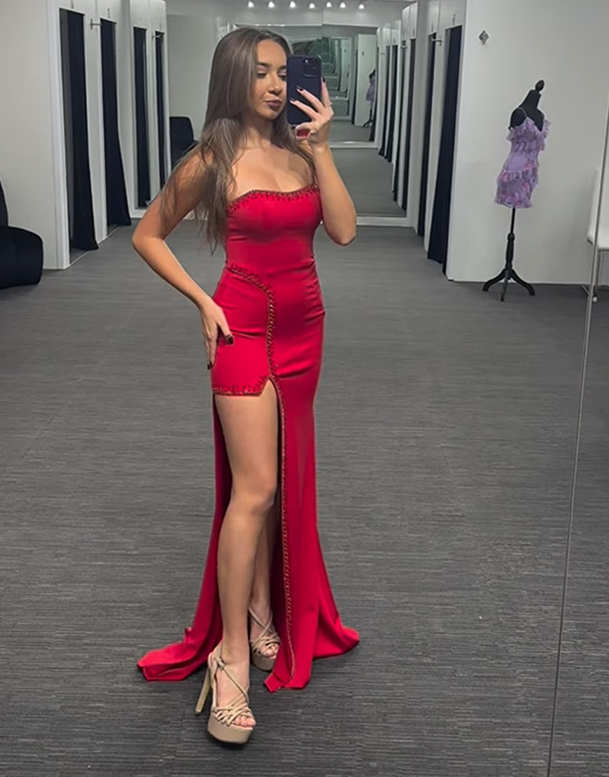 Sparkly Red Beaded Mermaid Satin Strapless Long Prom Dress with Slit