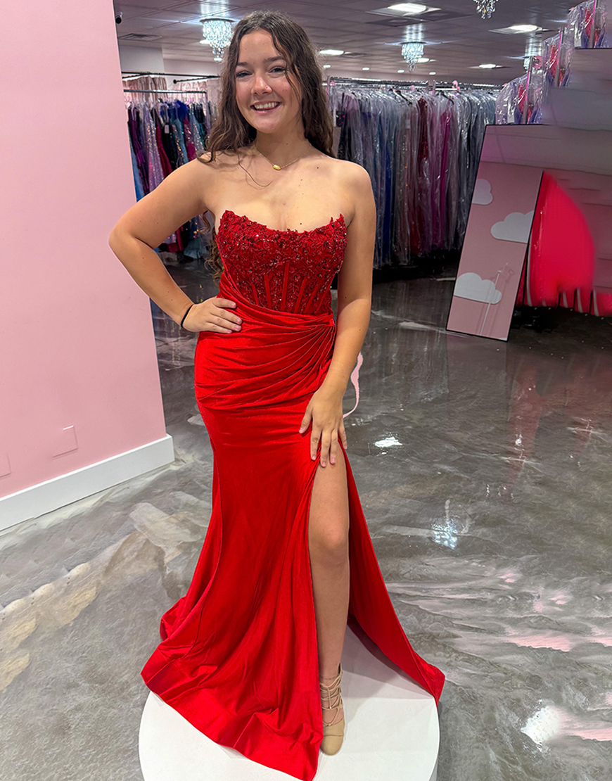 Sparkly Red Corset Mermaid Satin Strapless Long Prom Dress with Slit