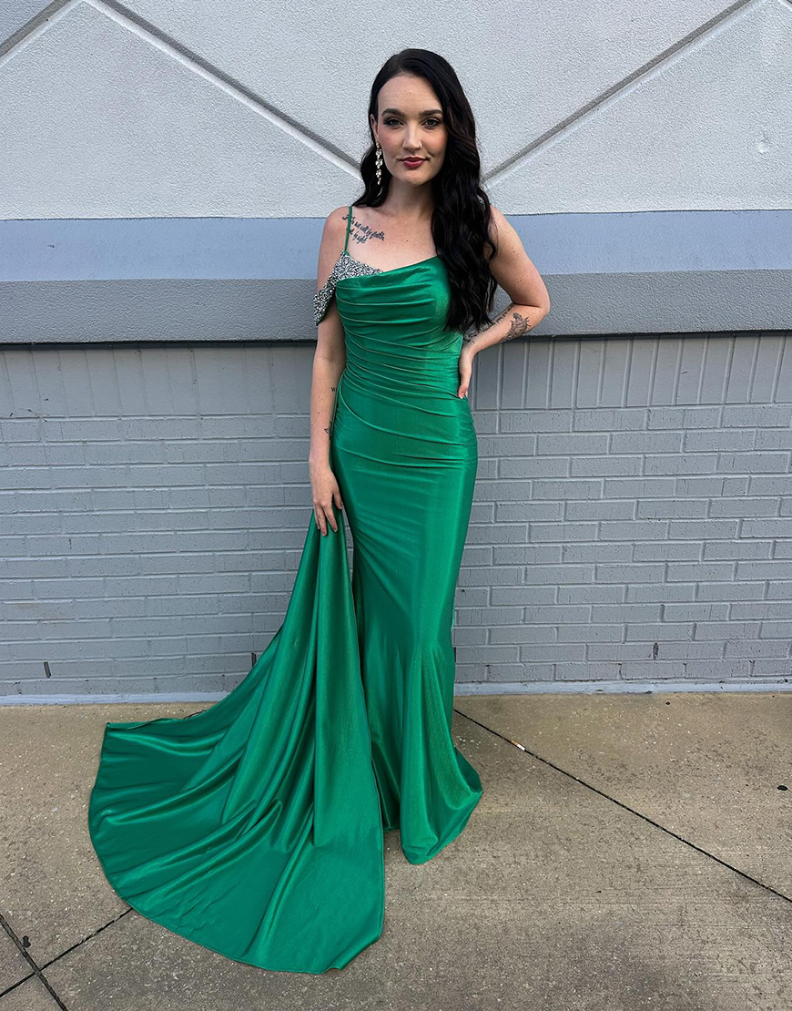 Sparkly Green Satin Ruched Mermaid Long Prom Dress with Side Cape