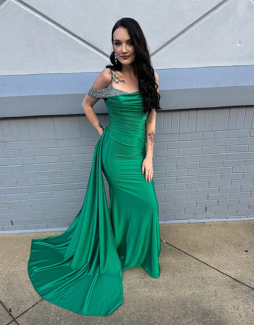 Sparkly Green Satin Ruched Mermaid Long Prom Dress with Side Cape