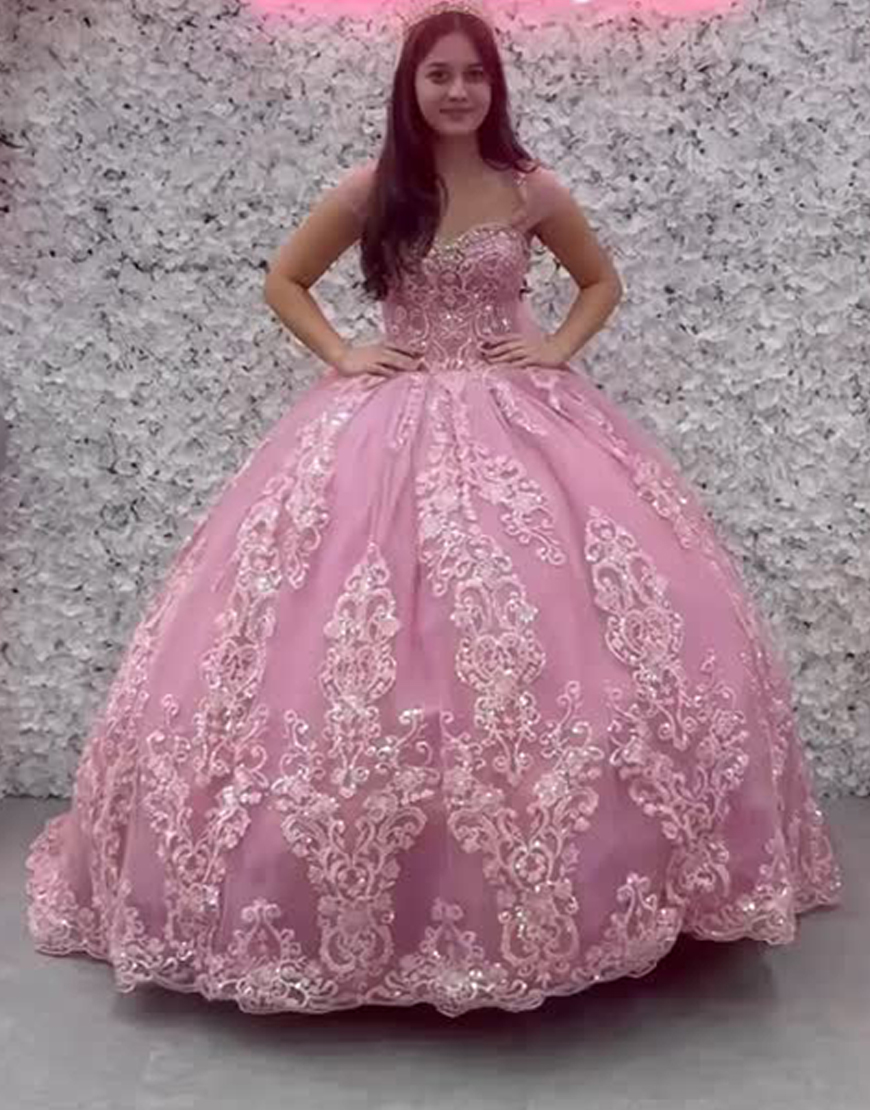 Sparkly Pink Tulle Appliqued Ball Gown Long Quinceanera Dress with Sequins
