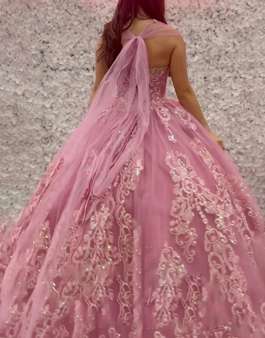 Sparkly Pink Tulle Appliqued Ball Gown Long Quinceanera Dress with Sequins
