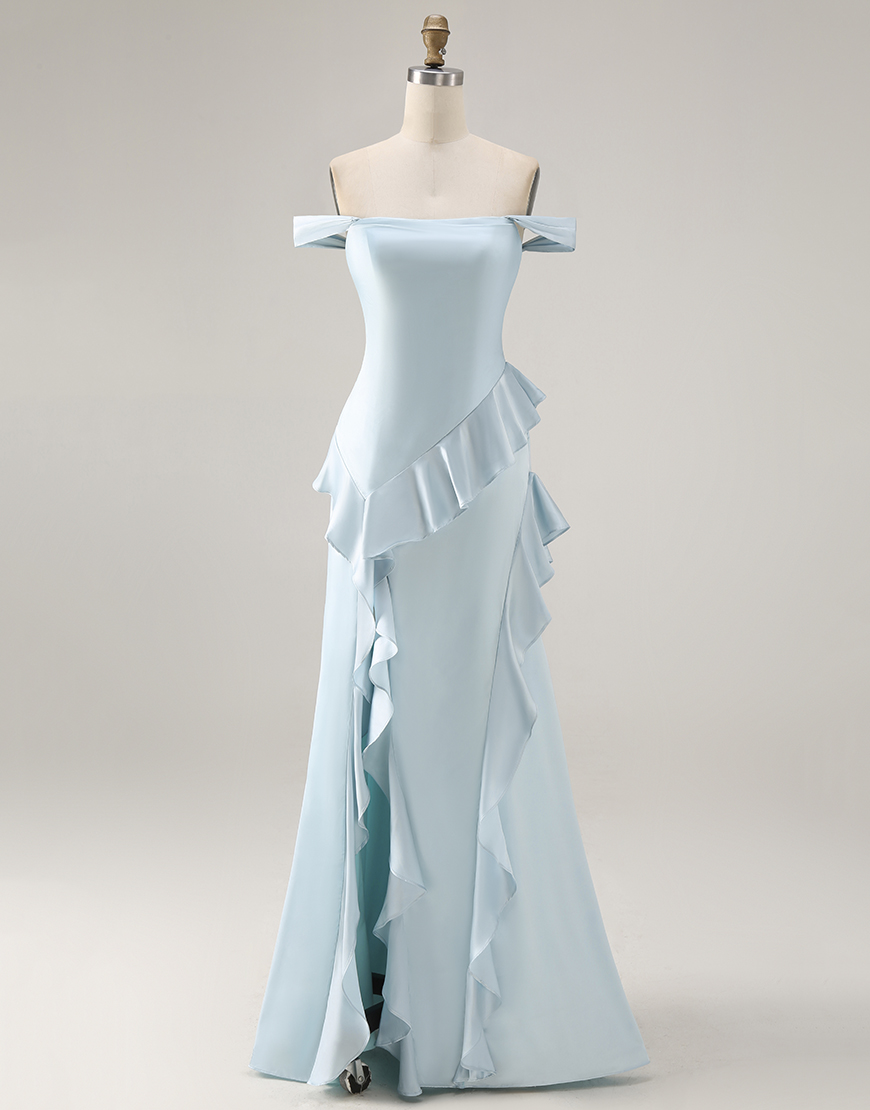 Light Blue Satin Off the Shoulder Mermaid Long Prom Dress with Ruffles