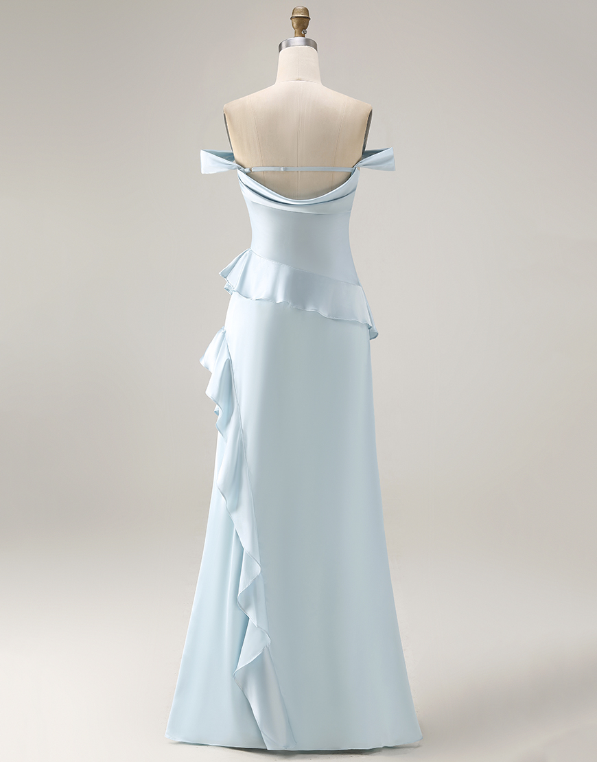 Light Blue Satin Off the Shoulder Mermaid Long Prom Dress with Ruffles