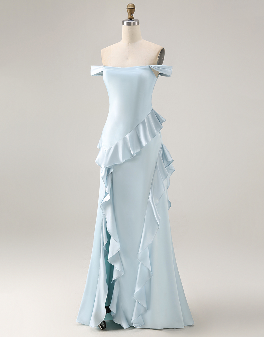 Light Blue Satin Off the Shoulder Mermaid Long Prom Dress with Ruffles