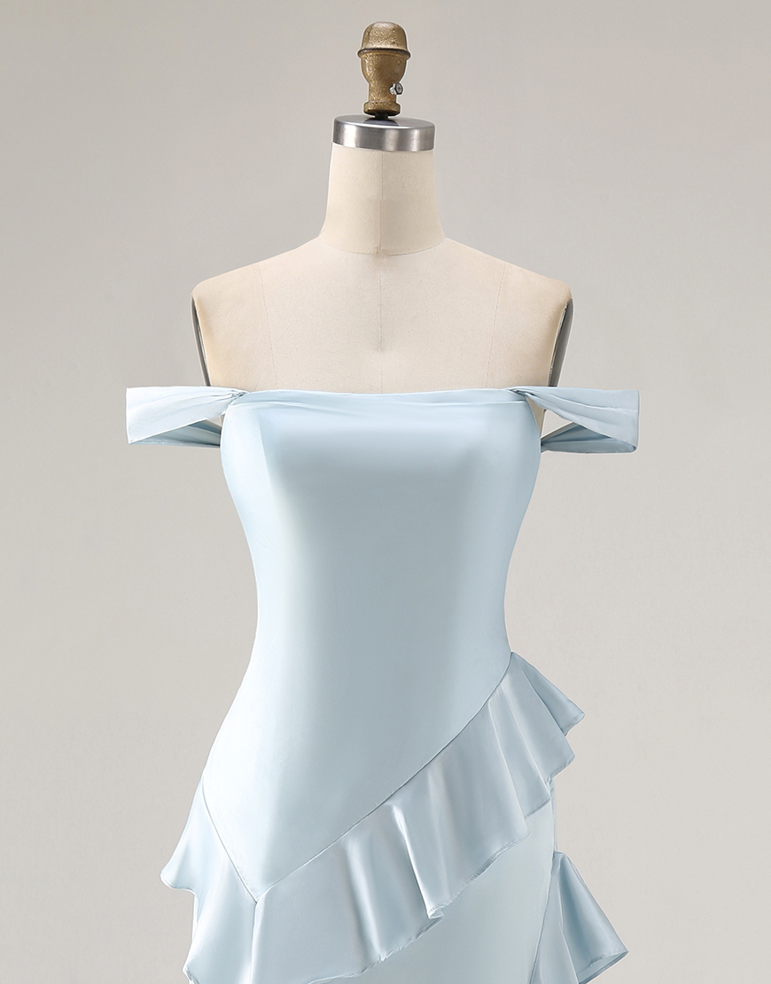 Light Blue Satin Off the Shoulder Mermaid Long Prom Dress with Ruffles