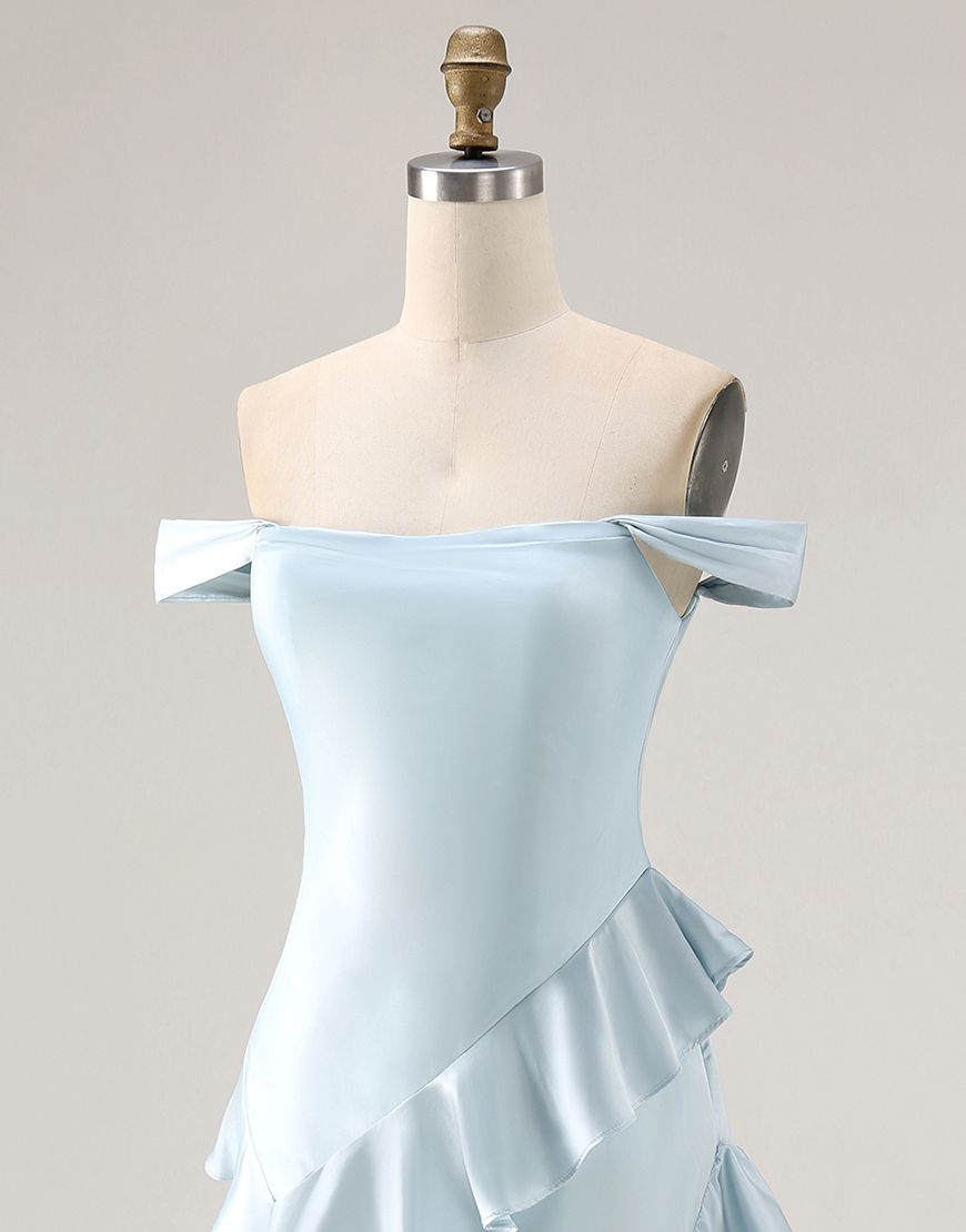 Light Blue Satin Off the Shoulder Mermaid Long Prom Dress with Ruffles