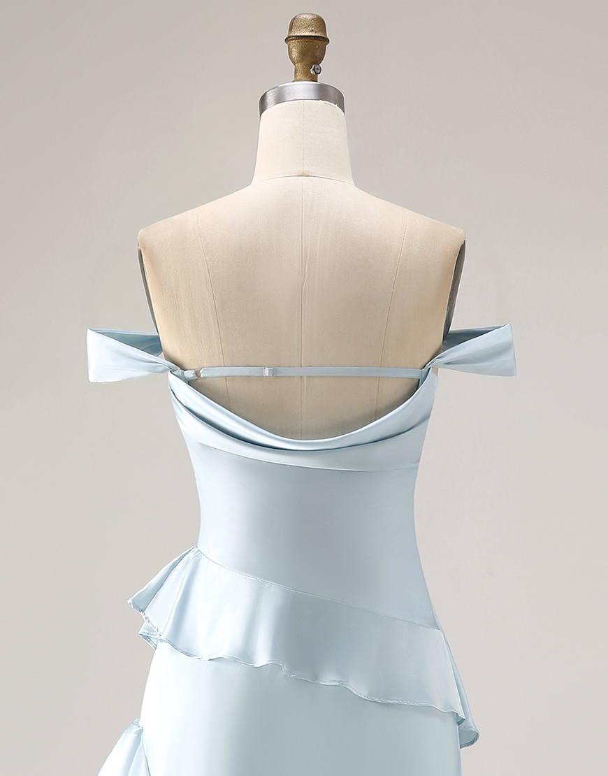 Light Blue Satin Off the Shoulder Mermaid Long Prom Dress with Ruffles