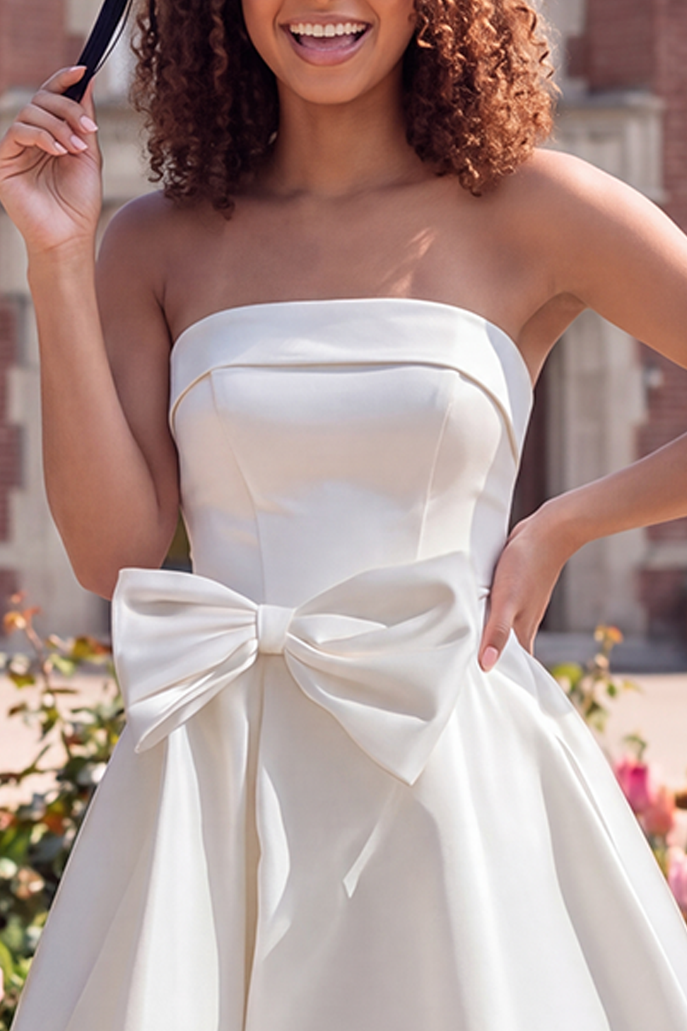 White Strapless A Line Satin Short Graduation Dress with Bow