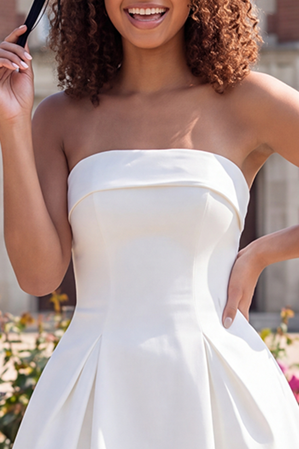 White Strapless A Line Satin Short Graduation Dress with Bow