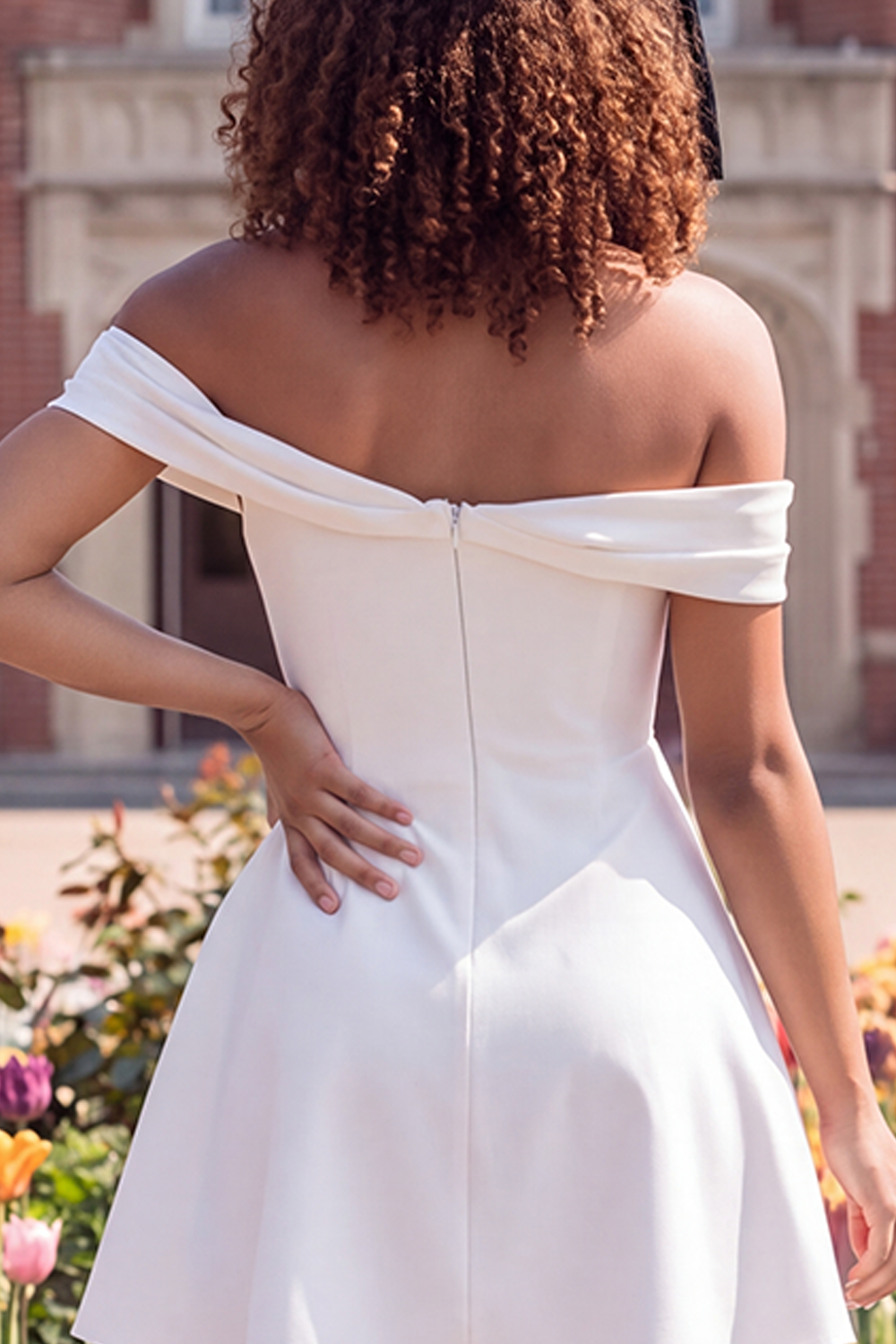 White A Line Off the Shoulder Short Graduation Dress