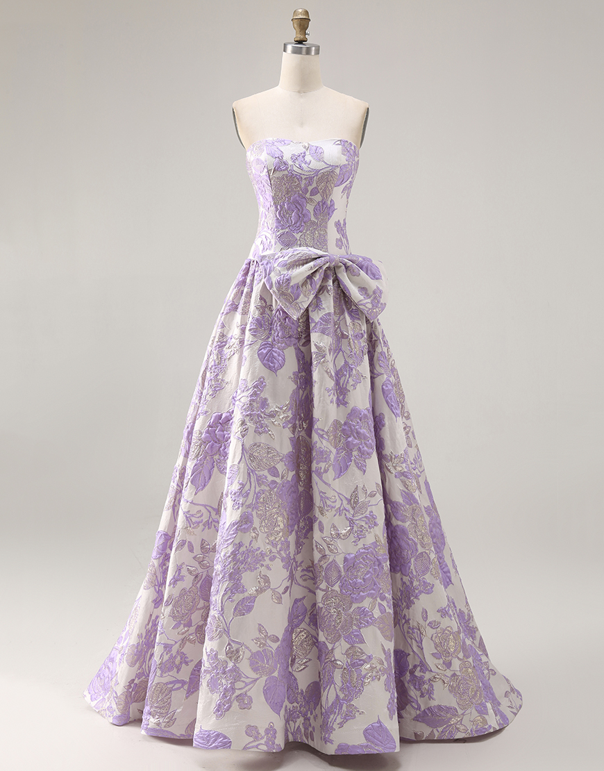 Berlinnova Women Lilac Jacquard Floral Long Prom Dress with Bow A Line Strapless Formal Dress