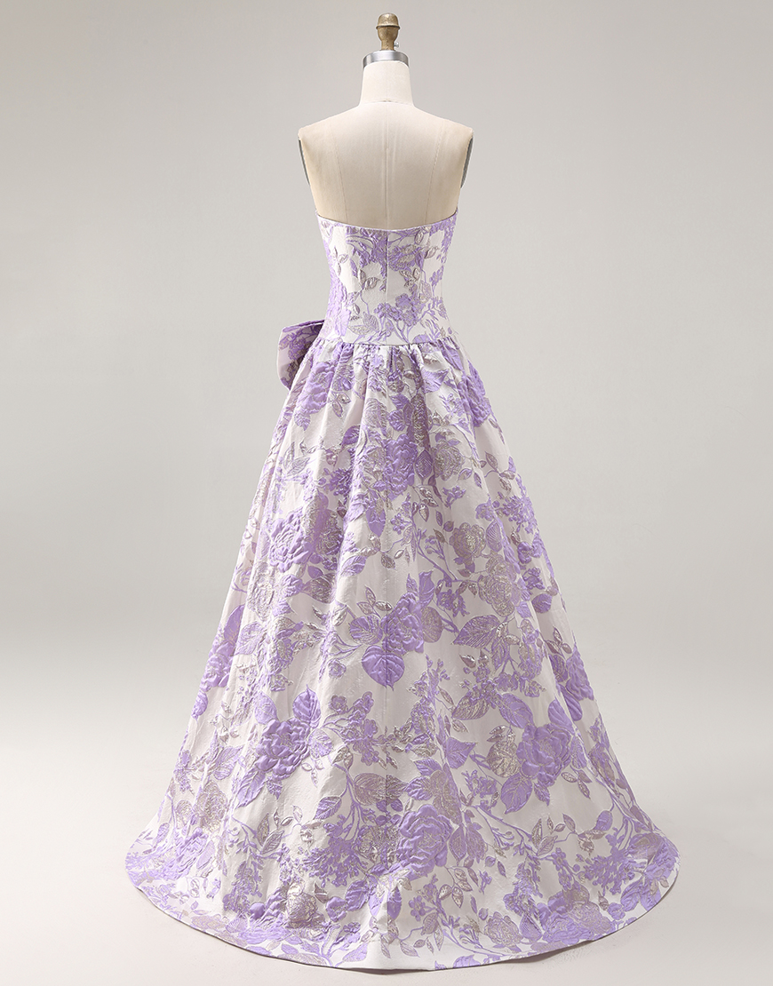 Lilac Jacquard Floral A Line Strapless Long Prom Dress with Bow