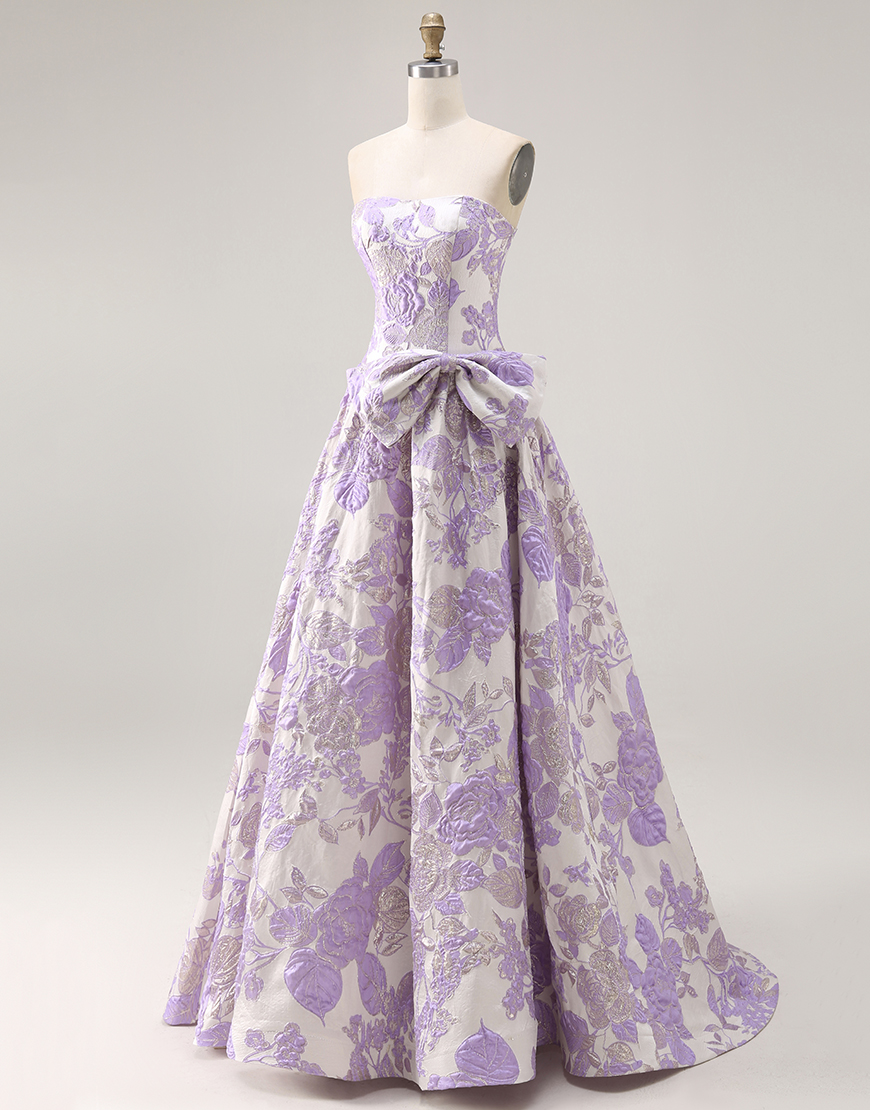 Lilac Jacquard Floral A Line Strapless Long Prom Dress with Bow