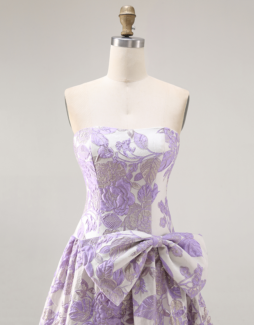 Lilac Jacquard Floral A Line Strapless Long Prom Dress with Bow