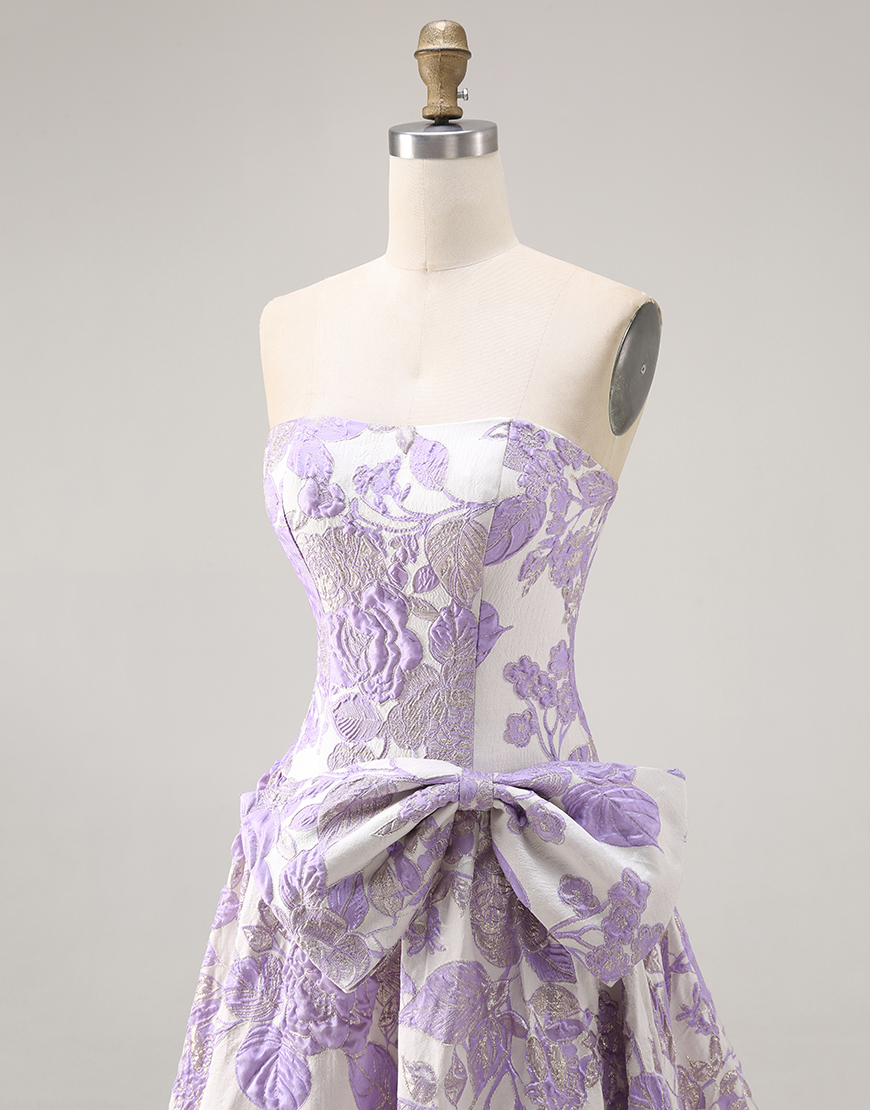 Lilac Jacquard Floral A Line Strapless Long Prom Dress with Bow
