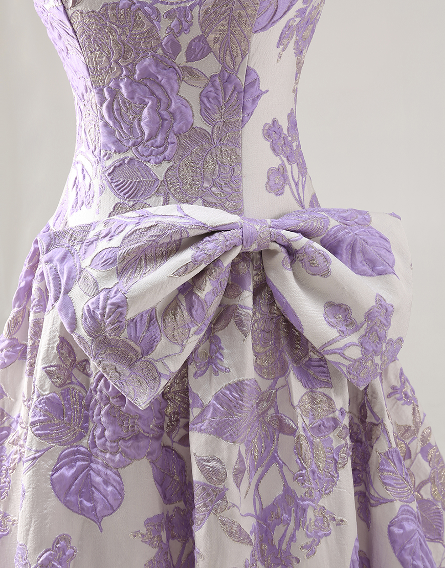 Lilac Jacquard Floral A Line Strapless Long Prom Dress with Bow