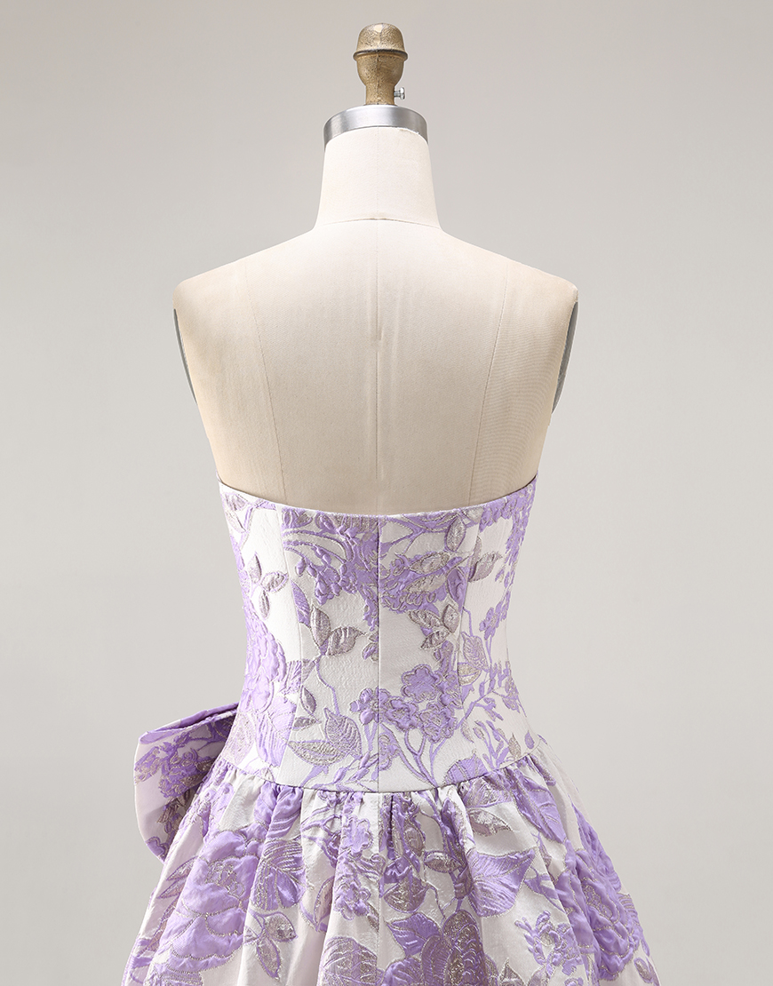 Lilac Jacquard Floral A Line Strapless Long Prom Dress with Bow