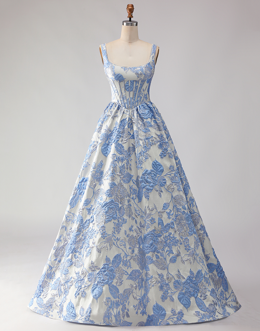 Berlinnova Women Light Blue Jacquard Corset Long Prom Dress Floral A Line Thick Straps Formal Dress