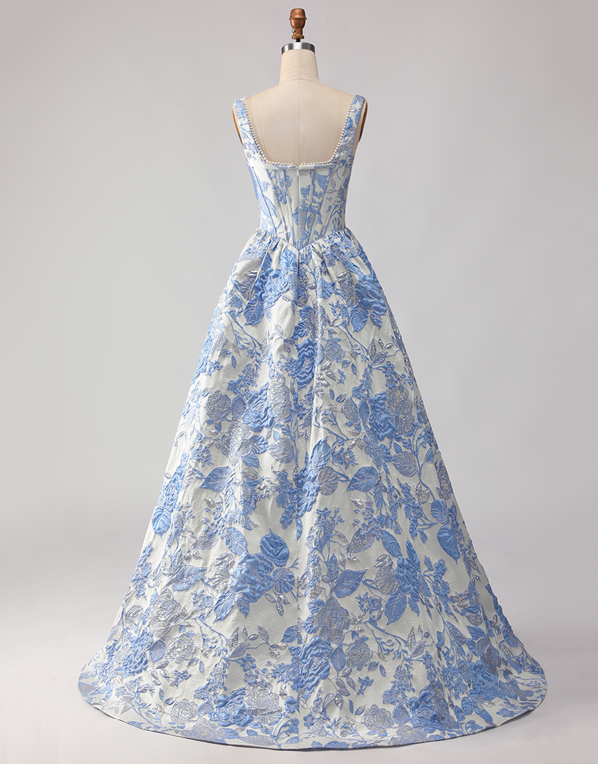 Light Blue Floral Jacquard A Line Long Corset Prom Dress