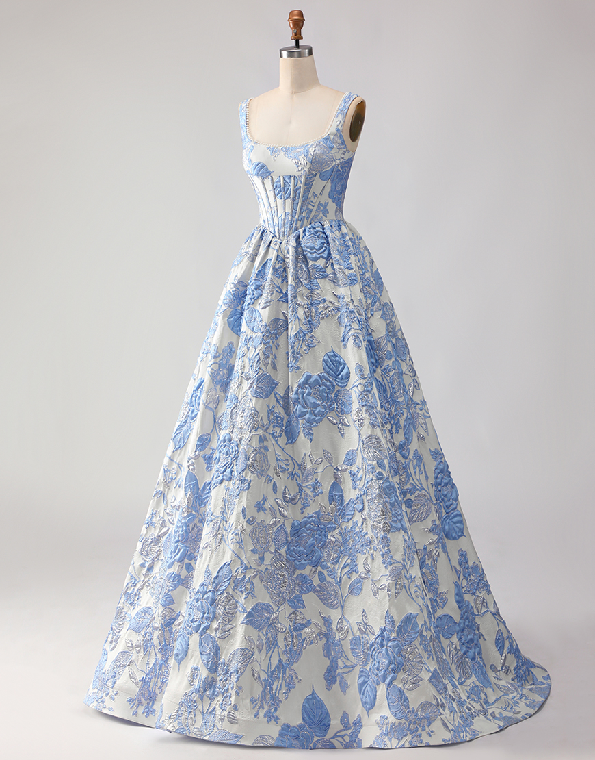 Light Blue Floral Jacquard A Line Long Corset Prom Dress