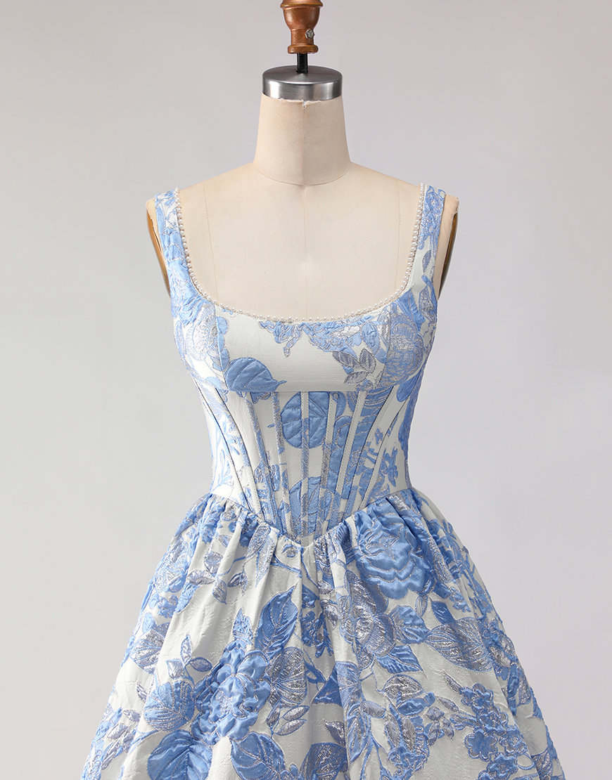Light Blue Floral Jacquard A Line Long Corset Prom Dress