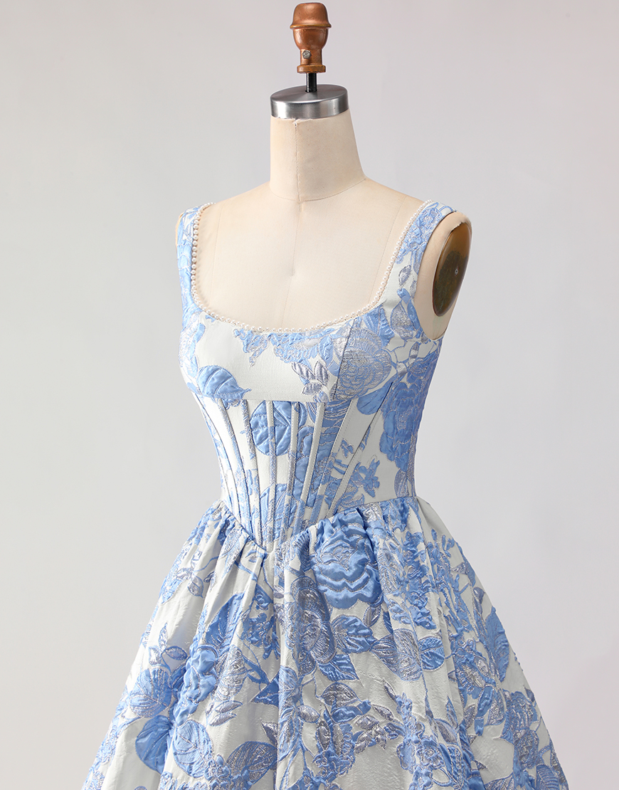 Light Blue Floral Jacquard A Line Long Corset Prom Dress