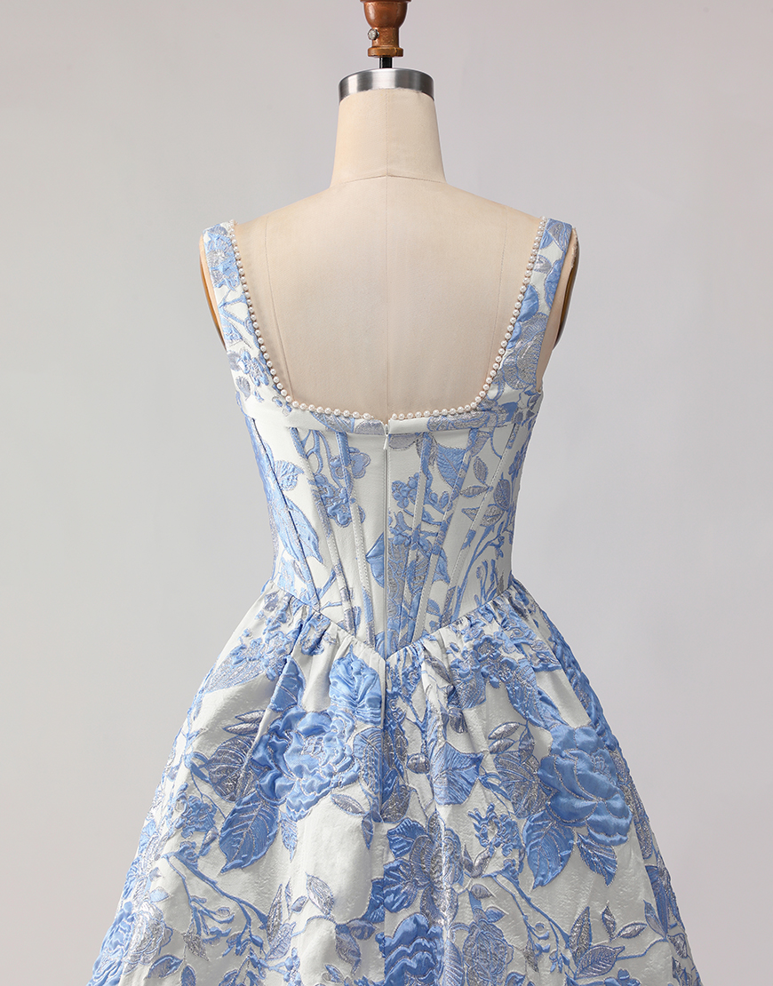 Light Blue Floral Jacquard A Line Long Corset Prom Dress
