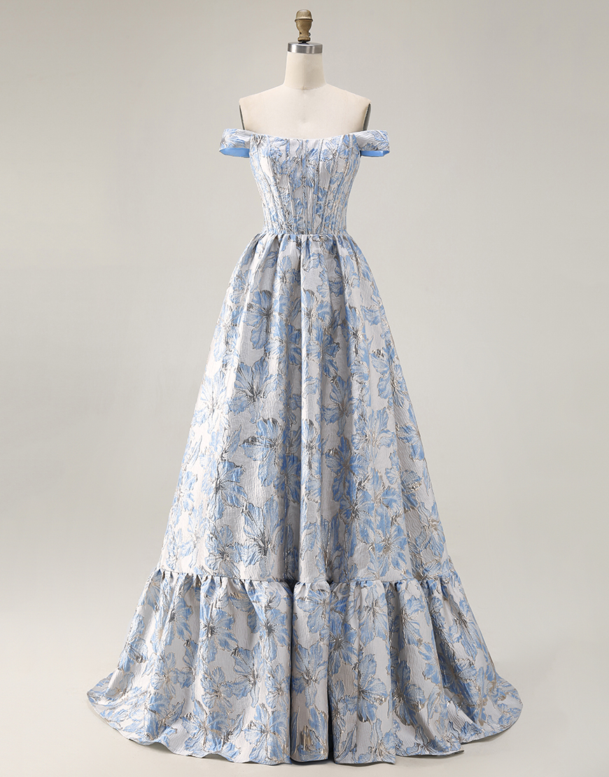 Light Blue Jacquard Off the Shoulder Floral A Line Long Corset Prom Dress