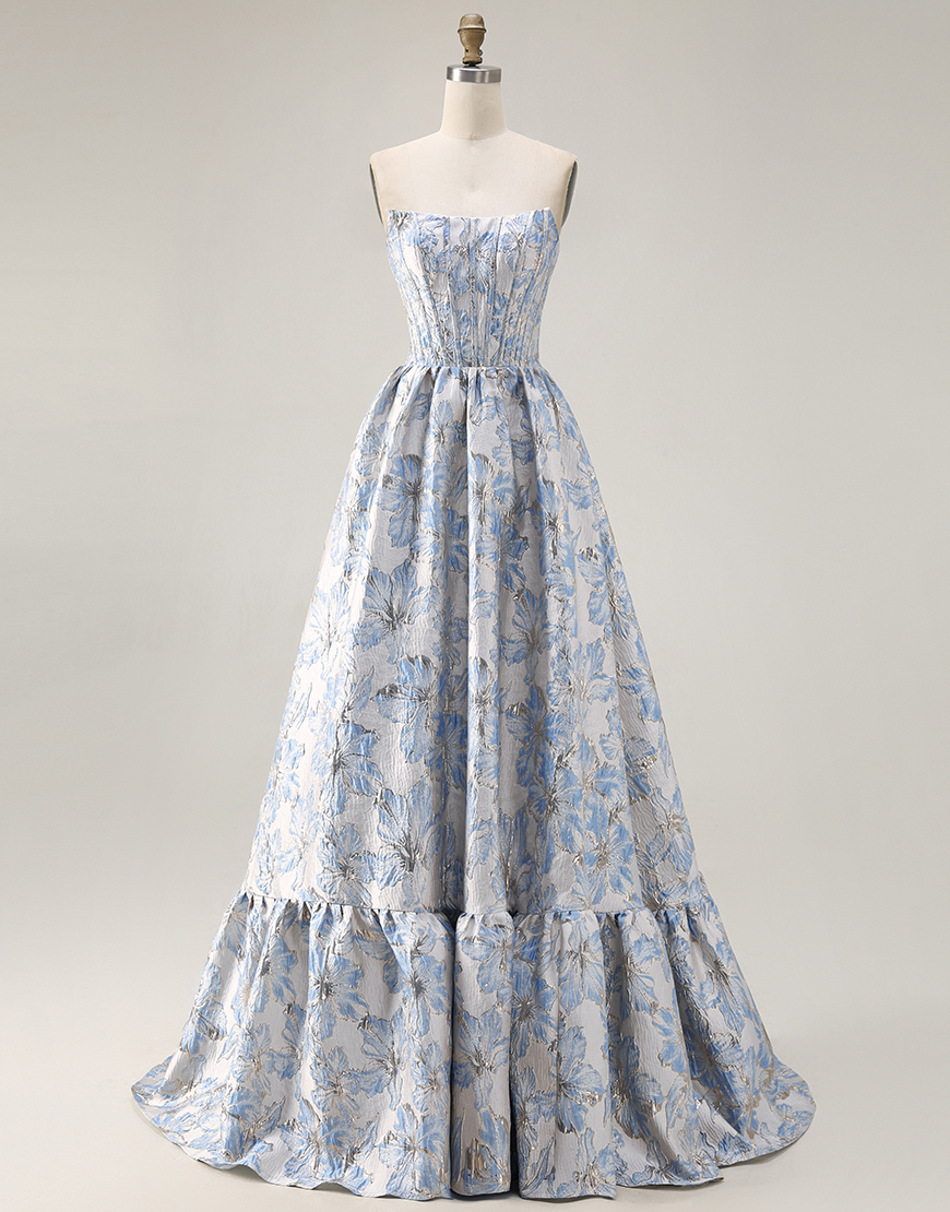 Light Blue Jacquard Off the Shoulder Floral A Line Long Corset Prom Dress