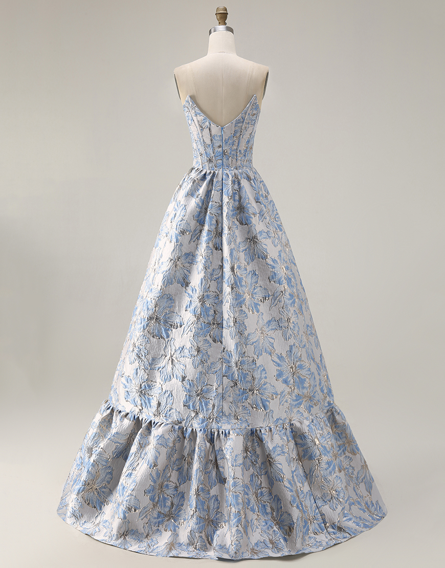 Light Blue Jacquard Off the Shoulder Floral A Line Long Corset Prom Dress
