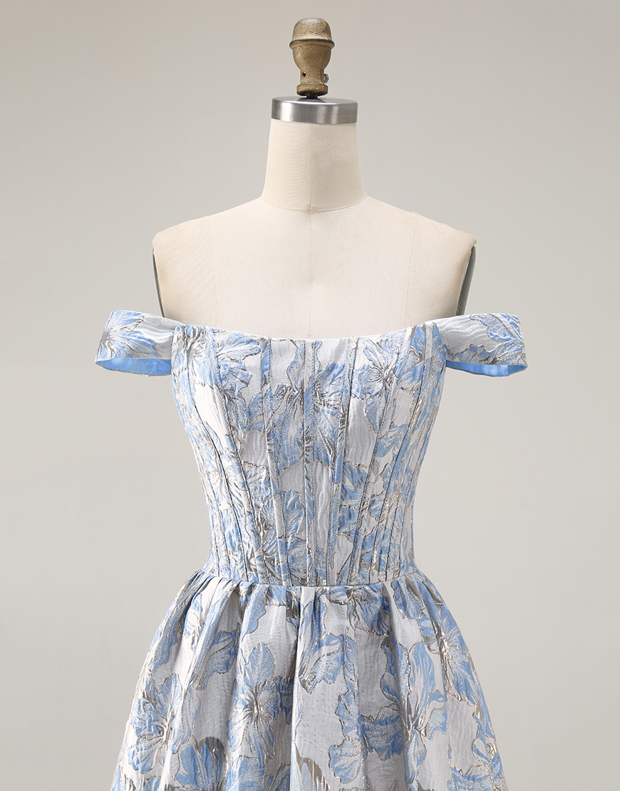 Light Blue Jacquard Off the Shoulder Floral A Line Long Corset Prom Dress