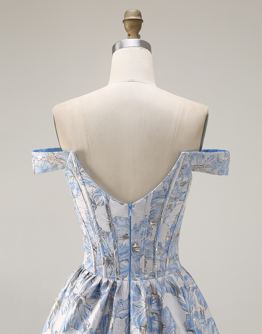 Light Blue Jacquard Off the Shoulder Floral A Line Long Corset Prom Dress