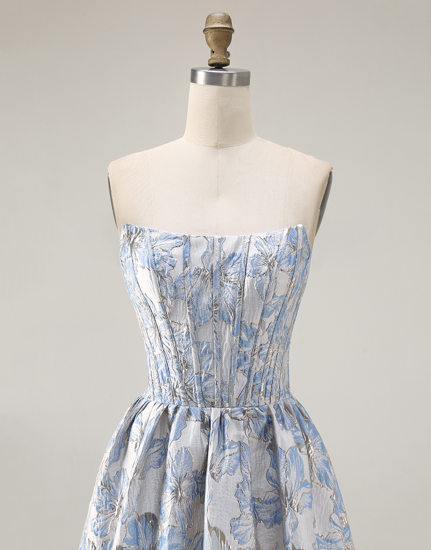 Light Blue Jacquard Off the Shoulder Floral A Line Long Corset Prom Dress